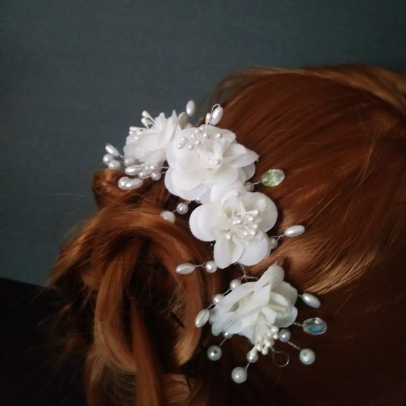 Flower and Crystal Pearl Bridal Crown / Floral Wedding Hair main image 4